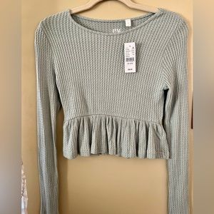 NWT Pacsun Long Sleeve Light Green Shirt with Ruffle on Bottom Super Soft.